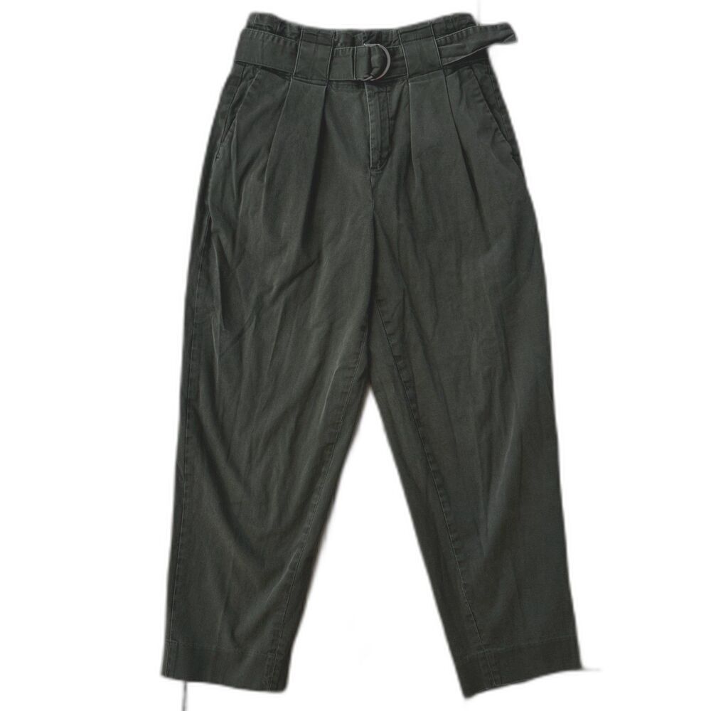 Banana Republic Olive Green Barrel Leg Crop Twill Belted Paper Bag High Waist 2 - Picture 3 of 16